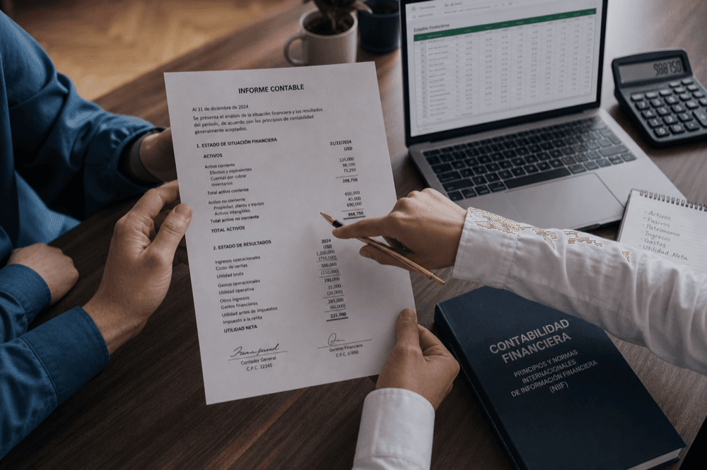 Revisión de un informe contable sobre el escritorio
