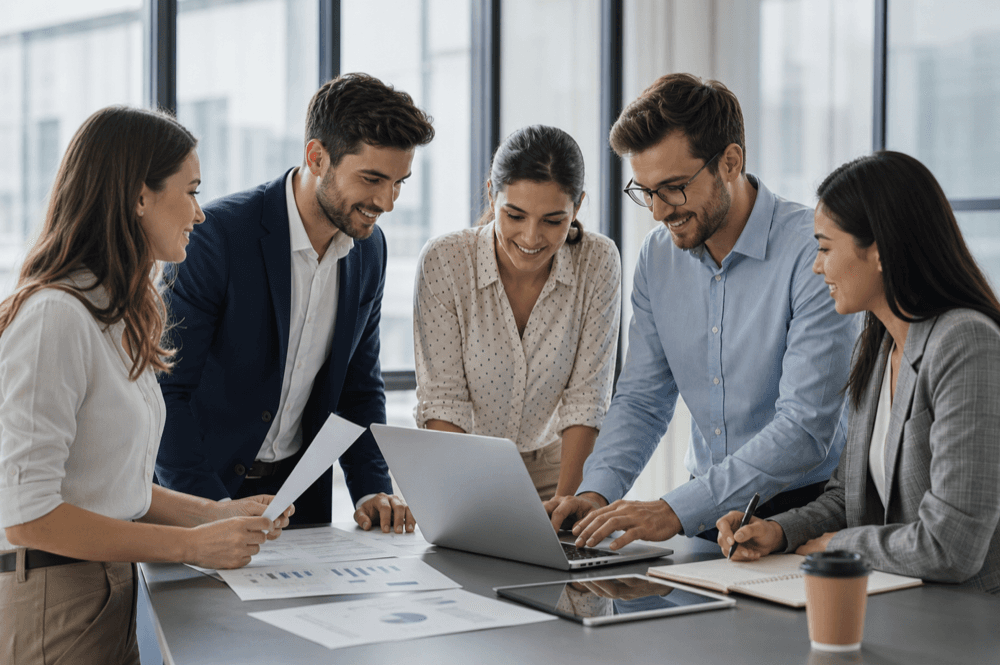 Equipo de profesionales revisando números en una reunión